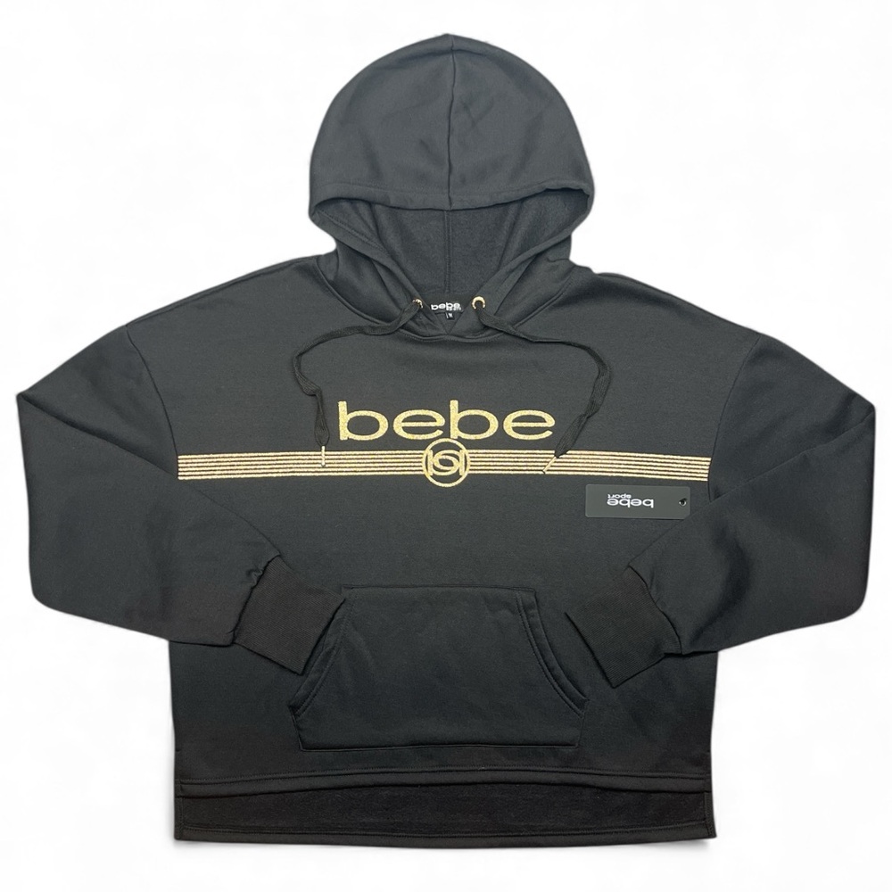 Bebe Womens Black Hoodie with Gold Accents